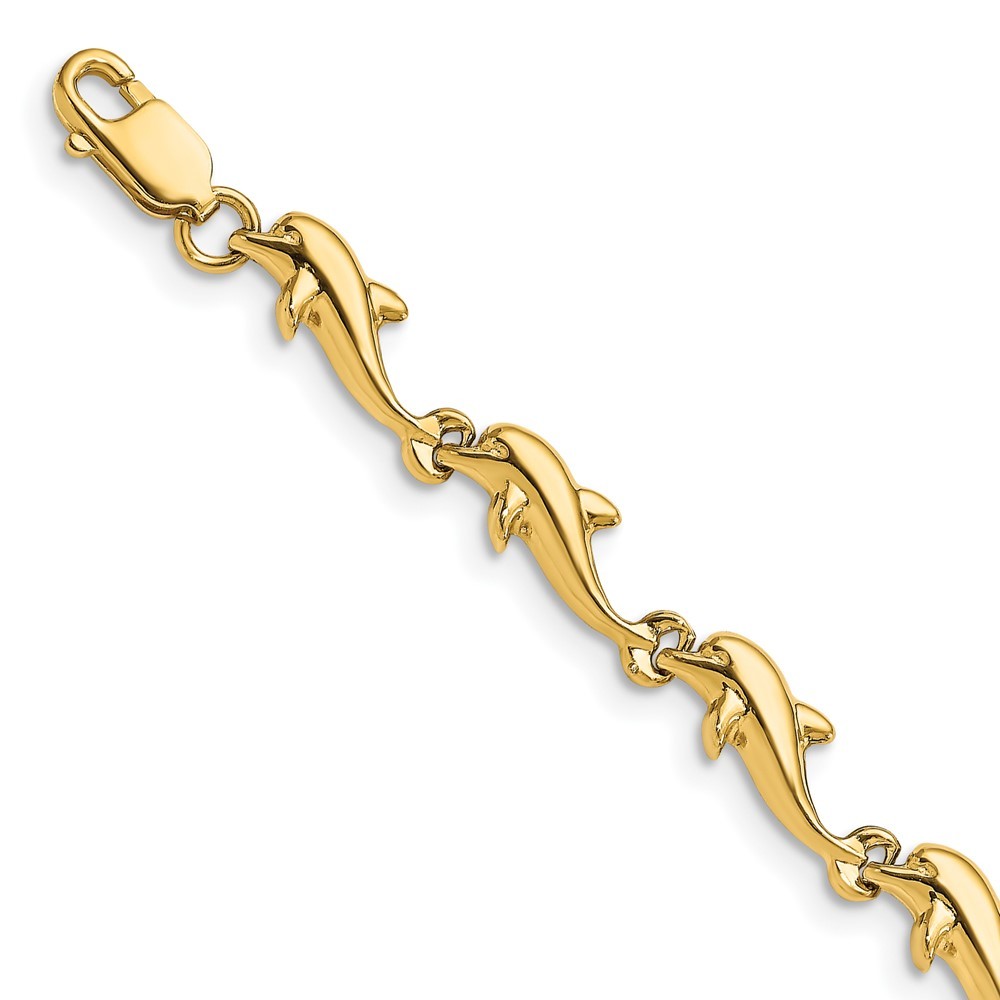 14k Yellow Gold Dolphin Nautical Sea Life Charm Link Bracelet, 7 inch Length